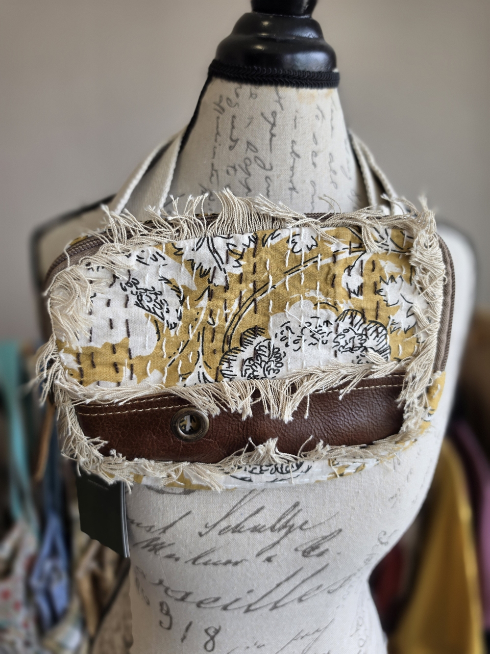 Handcrafted Mustard Floral Fringe Crossbody Bag